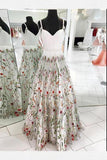 A-Line Spaghetti Straps White Appliqued Cheap Prom Dresses, V Neck Long Evening Dresses STA15052
