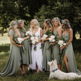Simple V Neck Green A line Bridesmaid Dresses, Cheap Wedding Party Dresses STA15599