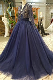 Evening Dresses A-Line V-Neck Long Sleeves Tulle Sweep/Brush With Zipper