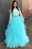 Pretty Ball Gonw Long Sleeves 2 Pieces Lace Tulle Princess Prom