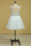 Scoop Beaded Bodice A Line Prom Dress Short/Mini With Tulle Skirt White Plus