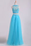 Two Pieces Scoop Prom Dresses A Line With Applique & Beading