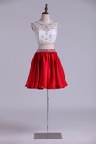 Bicolor Bateau A Line Short Homecoming Dresses Satin & Tulle With Beads Two Pieces