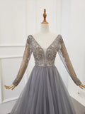 A Line Long Sleeves V Neck Gray Tulle Prom Dresses with Beading, Evening Dress STA15549