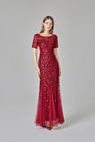 Elegant Mermaid Burgundy Tulle Prom Dresses Round Neck Long Evening Dresses STA15176