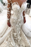 Detachable Train Long Sleeves Scoop Mermaid Wedding Dresses With Applique