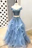 Blue Off the Shoulder Two Pieces Tulle Beads Prom Dresses with Lace Appliques STA15500
