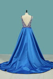 Open Back V Neck Satin With Beading A Line Prom
