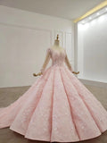 Elegant Ball Gown Pink Long Sleeves Appliques Prom Dresses, Quinceanera STA20482