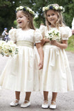 Vintage Juliet Sleeves Tea Length Round Neck Satin Flower Girl Dresses, Little Dresses STA15606