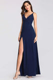 Sexy V Neck Long Spaghetti Straps Mermaid Navy Blue Prom Dresses with High Split STA15366