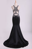 Black Scoop Mermaid Beaded Bodice Open Back Prom Dresses Satin Floor Length