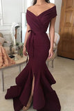 Off The Shoulder Evening Dresses Mermaid Satin With Sash And Slit Sweep