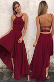 Unique A Line Burgundy High Low Sleeveless Backless Prom Dresses, Cheap Evening Dresses STA15450