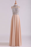 High Neck Prom Dresses A Line Chiffon With Beading Sweep Train