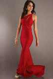 Elegant Prom Dresses Red Sheath/Column One Shoulder Chiffon Sweep/Brush