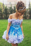 Cute Off the Shoulder Blue Lace Appliques Short Prom Gowns, Cute Homecoming Dresses STA15135