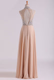 High Neck Prom Dresses A Line Chiffon With Beading Sweep Train
