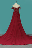 Red Slit Off The Shoulder Prom Dresses A Line Chiffon With Applique