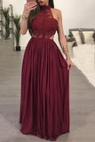 High Neck A Line Chiffon & Lace Floor Length Prom