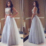Grey Two Pieces Simple Tulle Long Scoop Sleeveless A-line Beading Evening Dresses