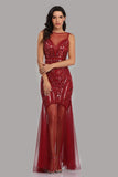 See Through Burgundy Mermaid Bateau Prom Dresses with Beading Tulle Party Dresses STA15324