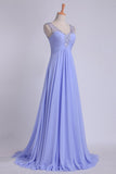 V Neckline And Deep V Back Chiffon Long A Line Prom Dress With Beaded Tulle