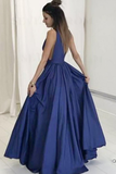 Simple Deep V-Neck Open Back Long Blue Prom Dress with Pockets