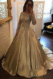 Off The Shoulder Long Sleeves Satin Ball Gown Prom Dresses With Applique Sweep