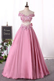 New Arrival Prom Dresses Off The Shoulder Satin With Appliques And Handmade