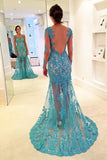 Mermaid V Neck Long Sleeves Tulle With Applique Sweep Train Prom