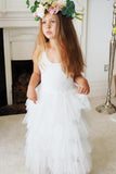 A Line Round Neck Tulle White Straps Flower Girl Dresses with Lace, Baby Dresses STA15021