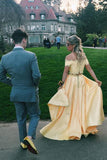 Elegant Two Pieces Yellow Off the Shoulder Prom Dresses Satin Appliques Party Dresses STA15210