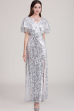Long Silver V-Neck Tassel Sequins Prom Dress with Split
