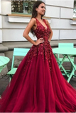 A Line Deep V Neck Evening Dress With Beadings And Sequins Floor Length Prom STAPHKYNS59
