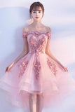 Pink Lace Tulle Short Prom Dress Off-the-Shoulder Appliques Lace up Homecoming Dresses STAPST13190