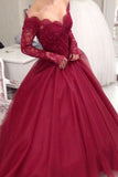 Long Sleeves Tulle Prom Dresses A Line With Applique And