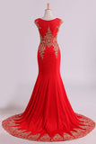 Red Prom Dresses Scoop Mermaid With Applique Spandex Sweep