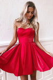 Simple Red Satin Sweetheart Strapless Homecoming Dresses Above Knee Short Prom Dresses STA14982