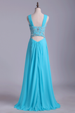 Straps A Line Prom Dresses Chiffon With Applique & Ruffles Floor