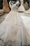 Champagne Wedding Gown V Neck Royal Train Handmade Beading Lace Up