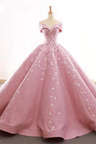 Ball Gown Off The Shoulder Satin Prom Dress With Appliques Long Quinceanera STAPDJZ6JB1