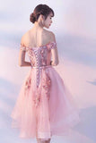 Pink Lace Tulle Short Prom Dress Off-the-Shoulder Appliques Lace up Homecoming Dresses STAPST13190