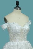 Off The Shoulder A Line Lace Wedding Dresses With Applique Chapel