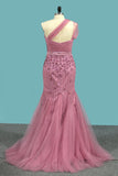 One Shoulder Prom Dresses Mermaid Tulle With Beads And Sash Sweep