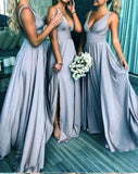 Elegant A Line V Neck Blue Straps Bridesmaid Dresses, Wedding Party STA15641