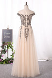 Scoop Cap Sleeve Prom Dresses A Line Tulle With Beads