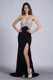 Full Beaded Tulle Bodice Backless Sexy Prom Dress Court Train Black