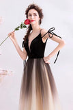 Spaghetti Straps Black Deep V Neck Formal Dress, Floor Length Tulle Ombre Prom Dresses STA15409