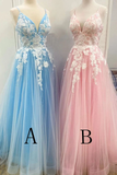 New Spaghetti Strap Floor Length A Line Tulle Prom Dress With Appliques Formal STAP3CZ9RMF